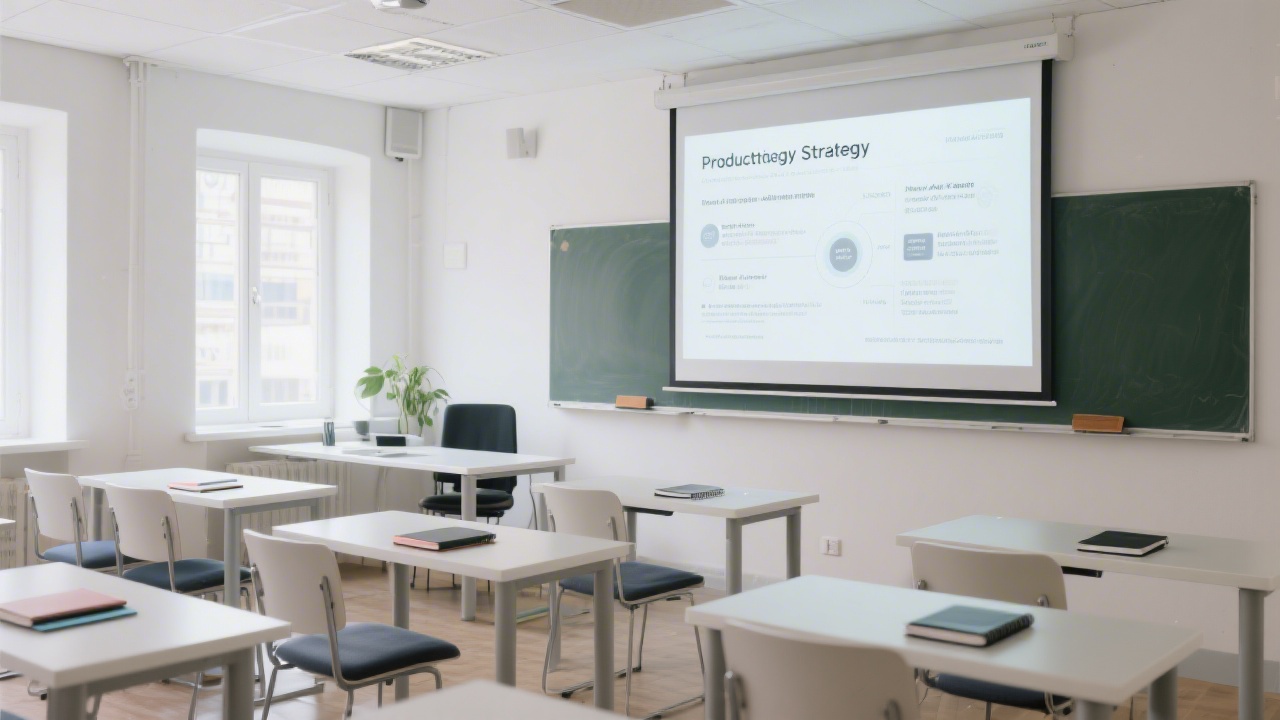 Bright classroom with modern tables, notebooks and a projector screen showing a product strategy slide, capturing the atmosphere of practical tech education in Prague.