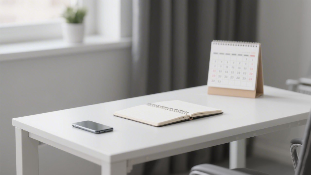 Minimalist office desk with notebook, smartphone and a calendar, showing a professional workspace ready for client communication and strategic planning.