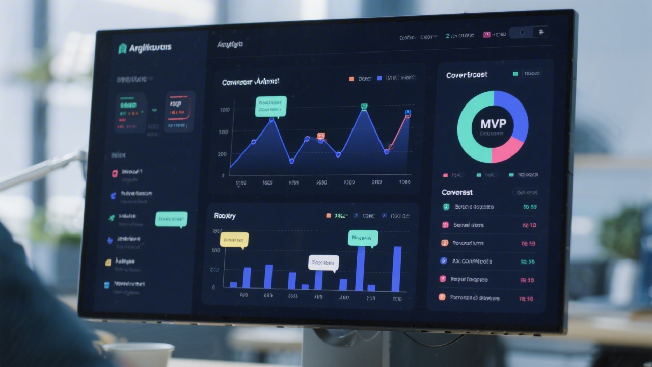 Analytics dashboard on a large monitor with conversion charts, user feedback notes and backlog priorities, illustrating measurable outputs from an MVP project.