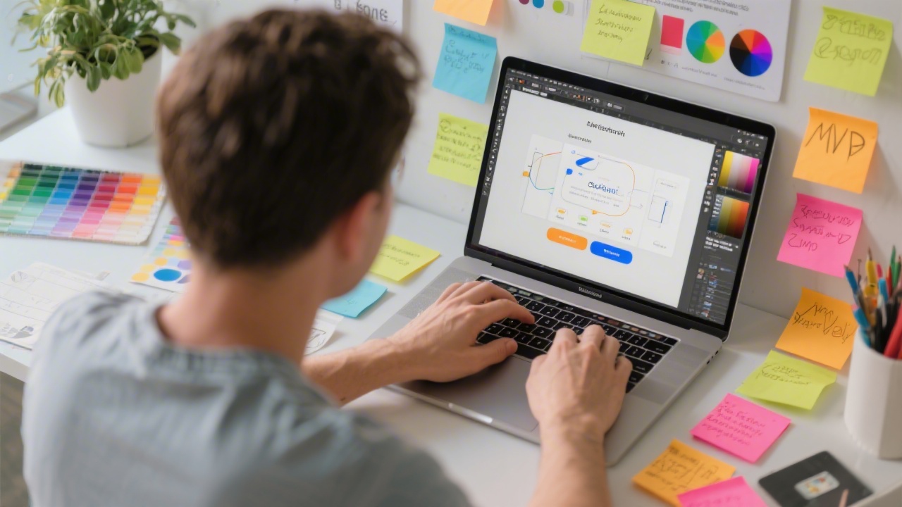 Designer creating a high-fidelity prototype on a laptop, with color palettes and sticky notes around, showing a focused service session for MVP product design.