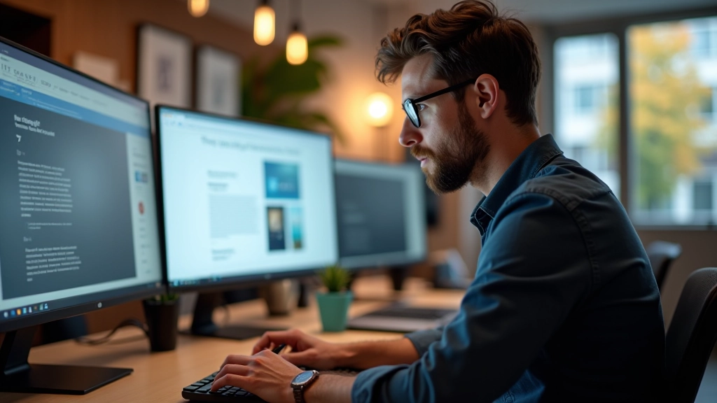 Designer pracující na barvové paletě v designovém softwaru, dva monitory, moderní kancelářský stůl