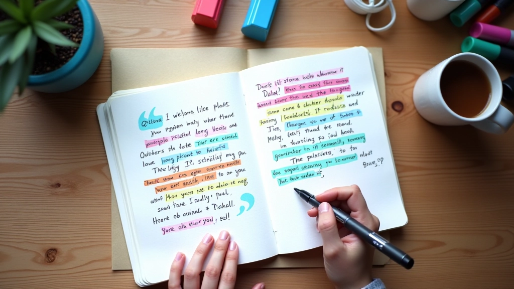 Notebook s psaným textem a zvýrazněnými pasážemi, různé barvy značkovacích per